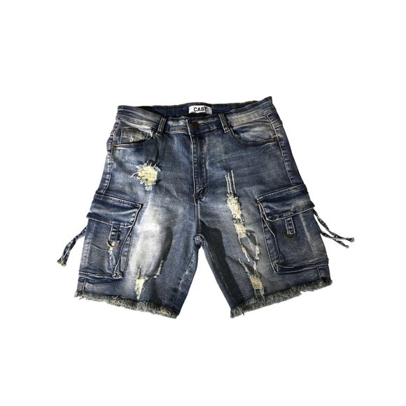 Cast Mens Distressed Denim Cargo Shorts Frayed Hem & Pockets - Picture 1 of 9